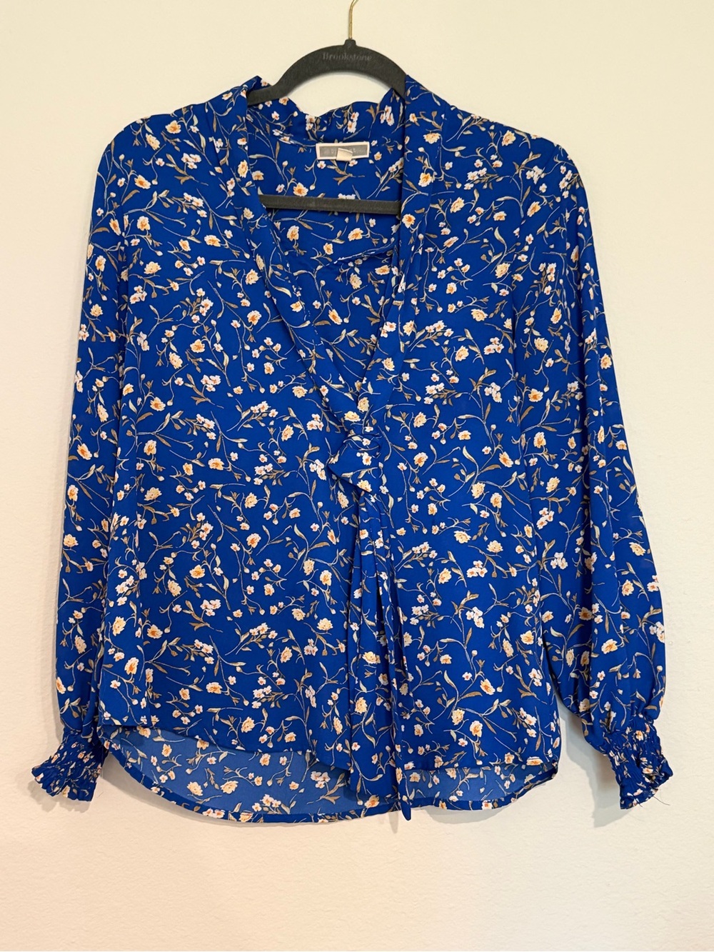 Pleione Royal Blue Floral Tie-Neck Blouse